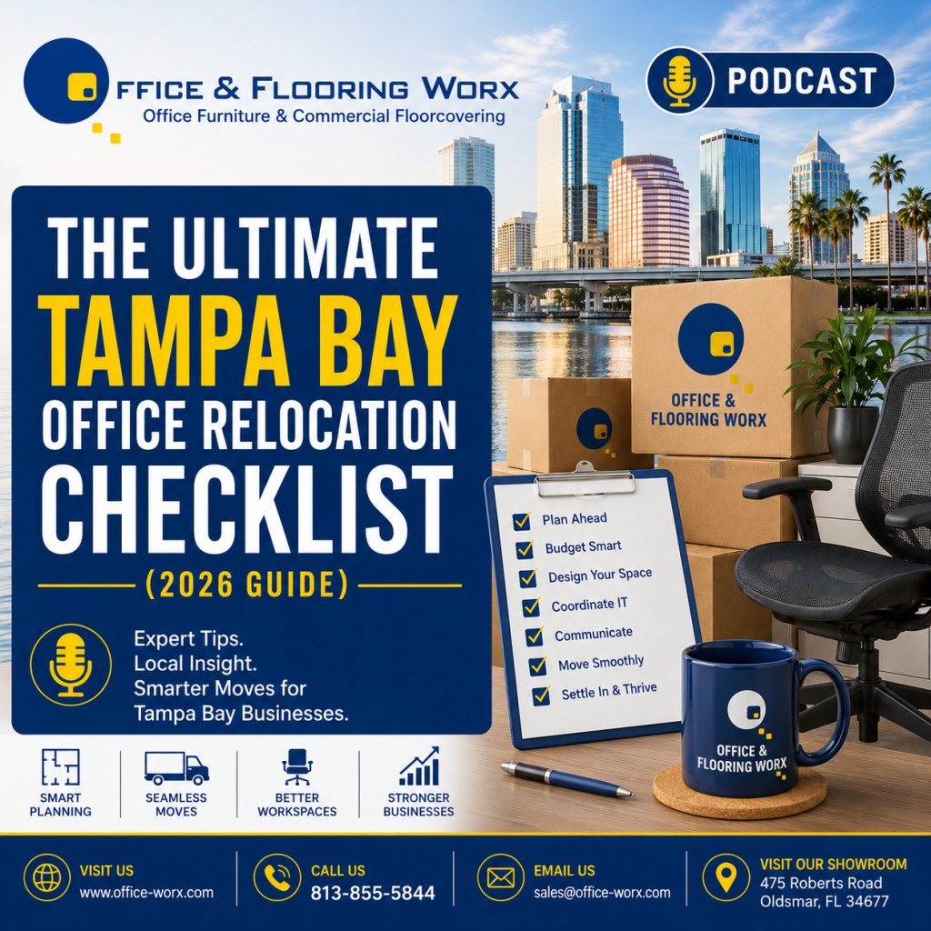 The Ultimate Tampa Bay Office Relocation Checklist 2026 featuring a commercial office move checklist with the Tampa skyline, moving boxes, and planning clipboard for businesses relocating in Tampa Bay, Florida.