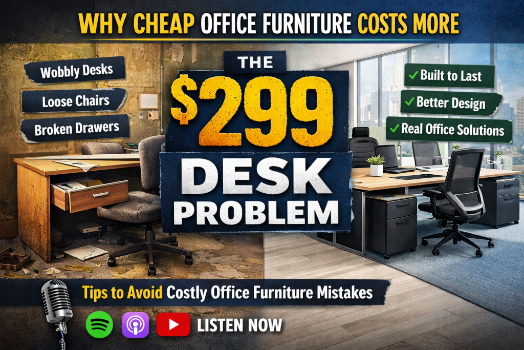 ChatGPT Image Mar 10 2026 12_08_00 PM - Office Worx Modern podcast cover image showing a comparison between cheap office furniture and commercial-grade office furniture. The left side shows a worn office desk with a broken drawer and loose chair in a deteriorated workspace, representing the “9 desk problem.” The right side shows a clean, professional office setup with durable desks and ergonomic chairs designed for real workplace use. Bold text reads “Why Cheap Office Furniture Costs More” and “9 Desk Problem,” highlighting the hidden costs of low-quality office furniture for businesses.