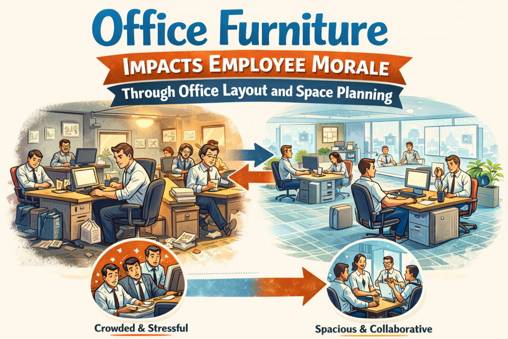 ChatGPT Image Mar 30 2026 10_25_50 AM - Office Worx Infographic illustrating how office layout and space planning impact employee morale: on the left, a crowded, cluttered office with closely packed desks shows employees looking stressed and overwhelmed; on the right, a spacious, well-organized office layout shows employees working comfortably and collaborating, appearing relaxed and engaged, with arrows and icons emphasizing the shift from a stressful to a productive environment.