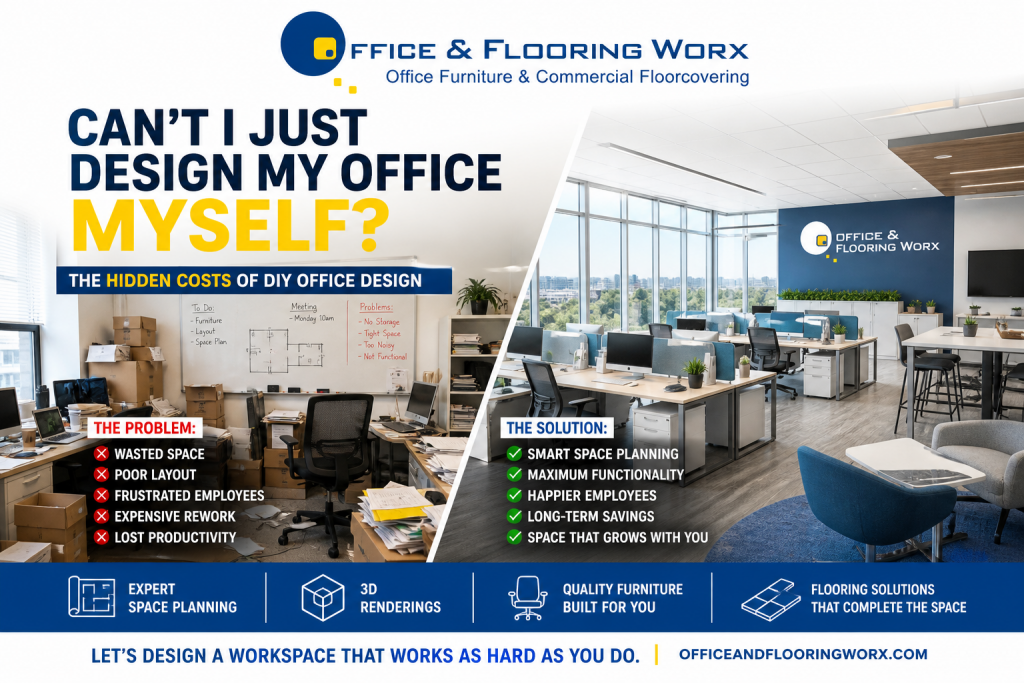 Designing your own office? It's kind of a big idea but is it necessarily a good one? - Office Worx Split office comparison showing a cluttered, poorly designed DIY workspace on one side and a clean, modern, professionally designed office on the other, featuring Office & Flooring Worx branding.