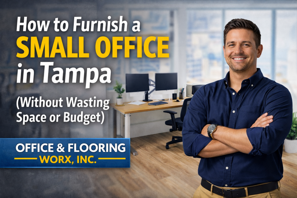 small office furniture Tampa setup featuring modern desks, ergonomic chairs, and space-saving layout in a compact workspace